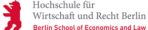 Es ist zu sehen: Wahrzeichen Berliner Löwe; Mit Schrift: Hochschule für Wirtschaft und Recht Berlin Berlin School of Economics and Law
